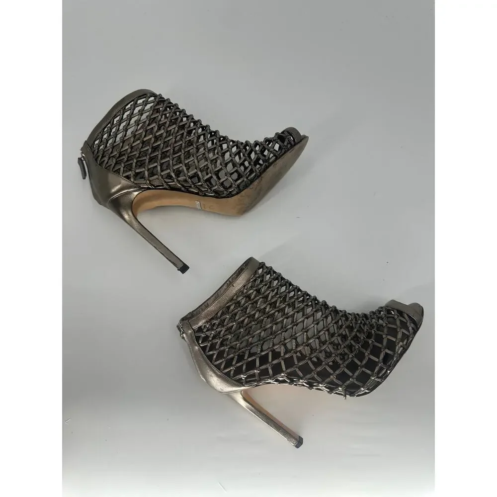 Gucci Eline Metallic Bronze Woven Leather Cage Peep Toe Booties Women's EU 37.5